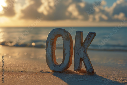 「OK」と書かれた看板　砂浜　海　波　海岸　標識　許可
