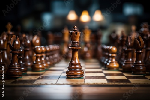On an old chessboard, an antique wooden chess set. Generative Ai. photo