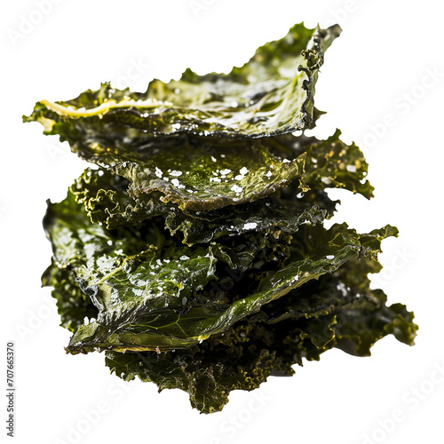 A stack of kale chips seasoned with sea salt top view isolated on a transparent background  photo