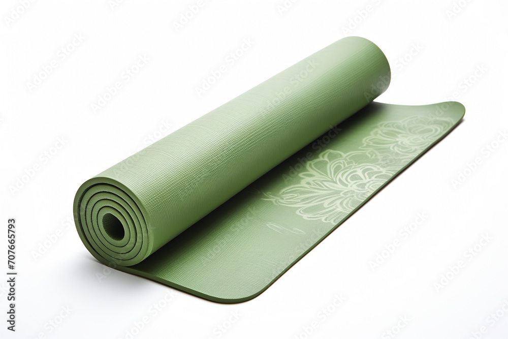 Green half rolled yoga mat isolated on white background Green half rolled yoga mat isolated on white background