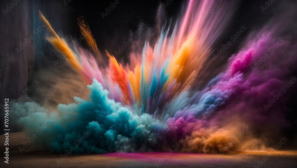 Freeze motion of colored powder explosions isolated on black background