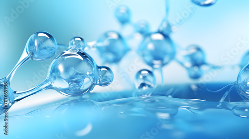 Abstract glass molecules floats in blue fluid background