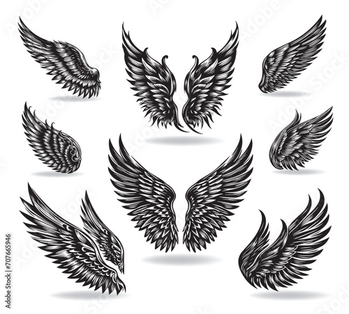 A collection of wings in style of classical engraving for creating tattoos, temporary tattoos, stickers and more, vector illustration