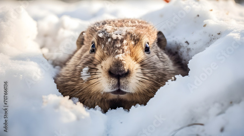 A groundhog crawled out from under the snow in a bright sunny weather