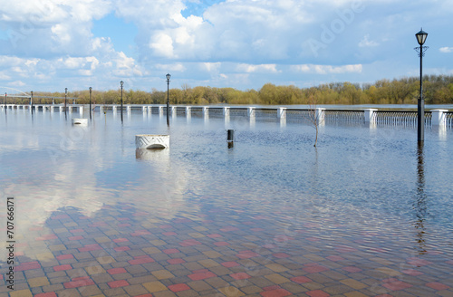 April high water. Flooding of embankment of Sozh River, Gomel, Belarus