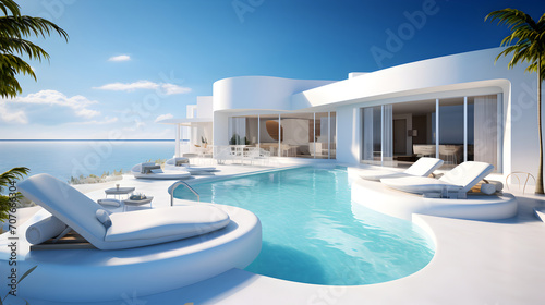 Luxury modern white beach hotel with swimming pool and Sunbed on sundeck © Trendy Graphics