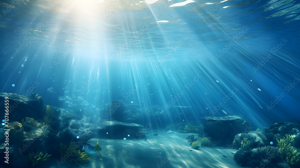 Fototapeta premium Underwater sea with blue sunlight rays