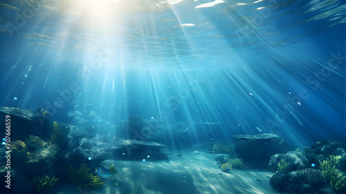 Underwater sea with blue sunlight rays