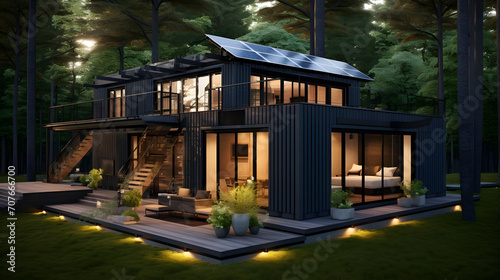 Modern industry exterior style house located in forest, made from converted shipping container has solar panel roof, beautiful nature landscape
