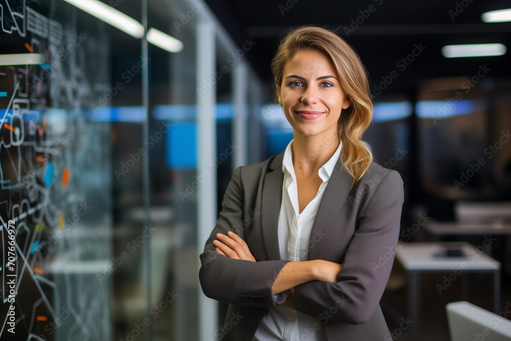 a girl in an office suit stands at a digital board with her arms crossed a girl in an office suit stands at a digital board with her arms crossed