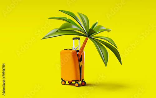Palm tree, starfish, and a plane sticking out of suitcase on lime background. Vacation and travel memories concept. 3d rendering