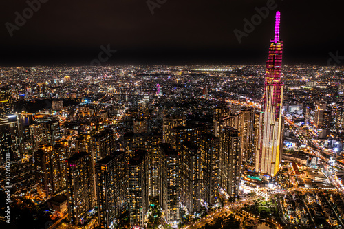 Obraz na płótnie Aerial drone photo - Skyline of Saigon (Ho Chi Minh City) at night. Vietnam w salonie