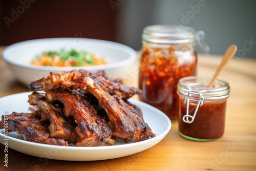 ribs alongside a jar of homemade bbq sauce photo