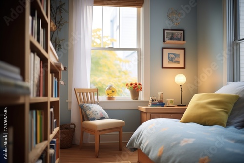 b&b bedroom with a reading nook by the window and a stack of books © studioworkstock