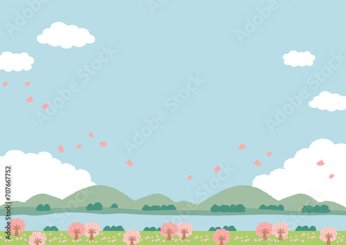 青空と山と川と桜の風景のイラスト
