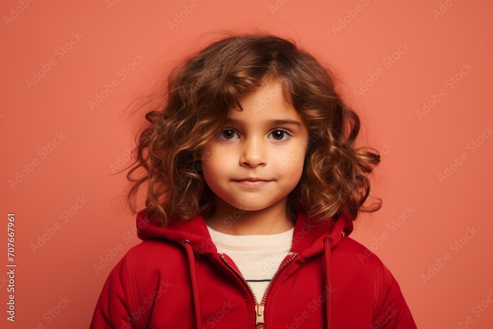 Portrait of a cute little girl in a red hoodie on a red background Portrait of a cute little girl in a red hoodie on a red background