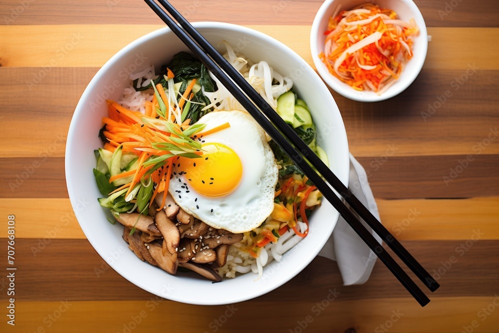 overhead shot of bibimbap with spoon and chopsticks overhead shot of bibimbap with spoon and chopsticks