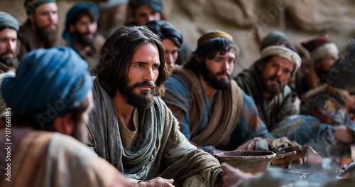 Jesus sits outside with his disciples and discusses the topic of Christianity and religion