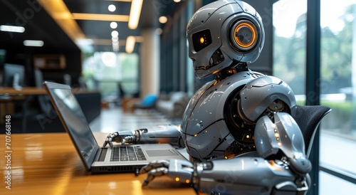 Robot working on laptop table in office