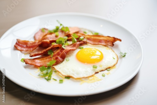 fried eggs with bacon strips on white plate