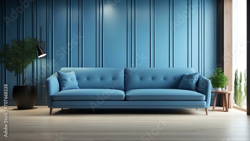 A minimalist loft home interior design of a modern living room featuring a blue sofa set against a paneling wall. The sleek and clean composition exemplifies a contemporary aesthetic 