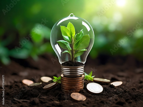 Light bulb is located on soil. plants grow on stacked coins Renewable energy generation is essential for the future. Renewable energy-based green business can limit climate change and global warming photo