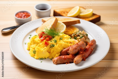 platter with sausages, scrambled eggs, and toast