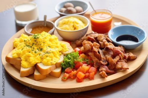 platter with sausages, scrambled eggs, and toast