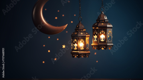 Hanging lantern Islamic. crescent light. Ramadan concept. 