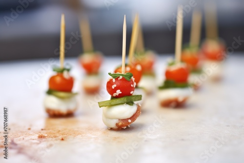 bite-sized caprese on a toothpick, close focus on the texture photo
