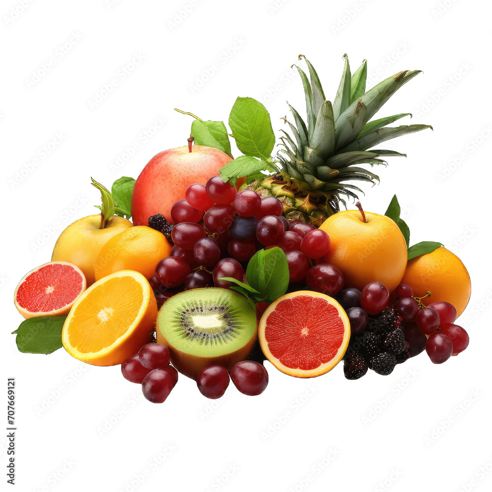 Fresh summer fruits with apple, grapes, berries, pear and apricot. on transparent background PNG Fresh summer fruits with apple, grapes, berries, pear and apricot. on transparent background PNG