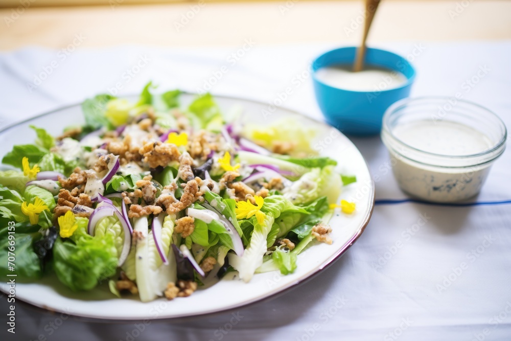 nutty cashew dressing on chicory salad, walnut crust nutty cashew dressing on chicory salad, walnut crust