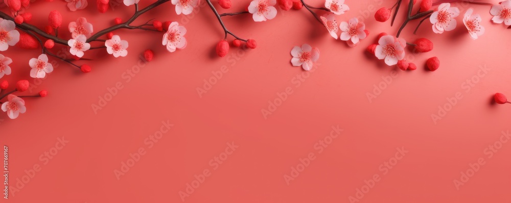 Frame made of pink cherry flowers on red background. Greeting card template for Wedding, mothers or womans day. Springtime composition with copy space. Flat lay style