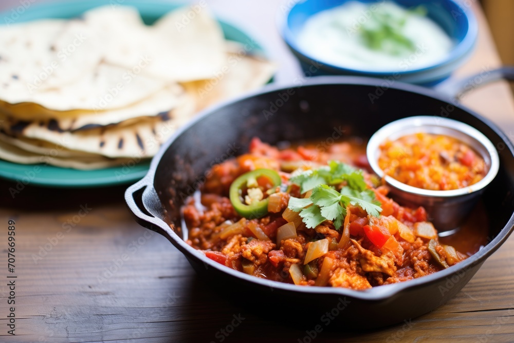 Φωτογραφία spicy chili in a cast iron skillet, side of tortillas