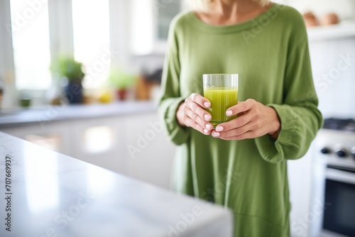 woman holding green juice, blurred kitchen background