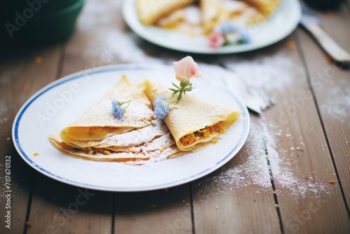 crepes folded into triangles with a dusting of icing sugar