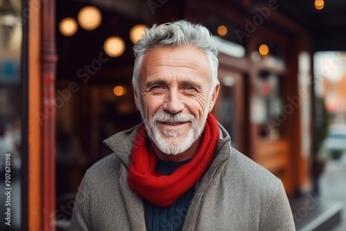 Portrait of a senior man with a red scarf in a cafe © Inigo