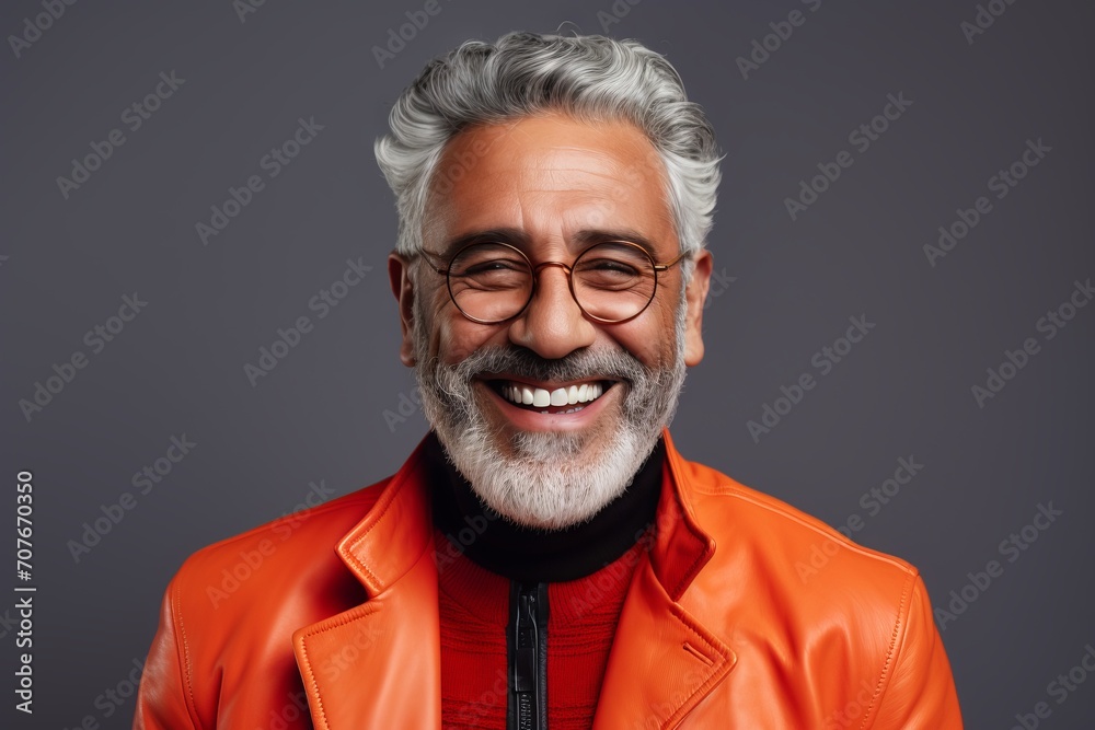 Portrait of a happy senior man in red jacket and eyeglasses over grey background. Portrait of a happy senior man in red jacket and eyeglasses over grey background.