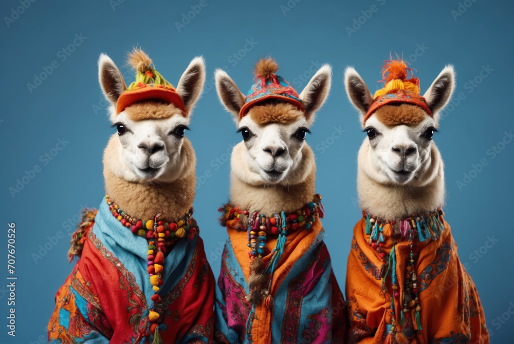 Cute lamas in funny colorful traditional clothes. AI generated