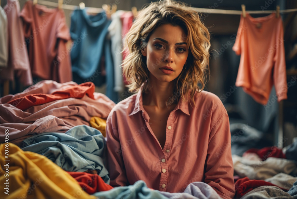 Fototapeta premium Young tired and sad female with laundry. AI generated