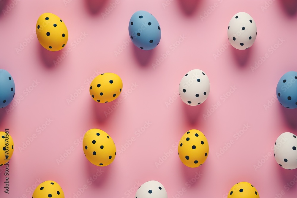 Colorful easter eggs with polka dots pattern on pink background. Happy Easter concept. Simple spring pattern for greeting card, banner, poster. Top view, flat lay Colorful easter eggs with polka dots pattern on pink background. Happy Easter concept. Simple spring pattern for greeting card, banner, poster. Top view, flat lay