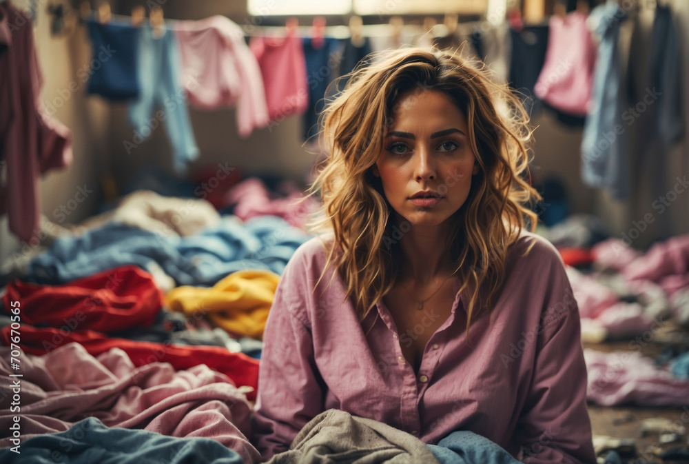Young tired and sad female with laundry. AI generated Young tired and sad female with laundry. AI generated