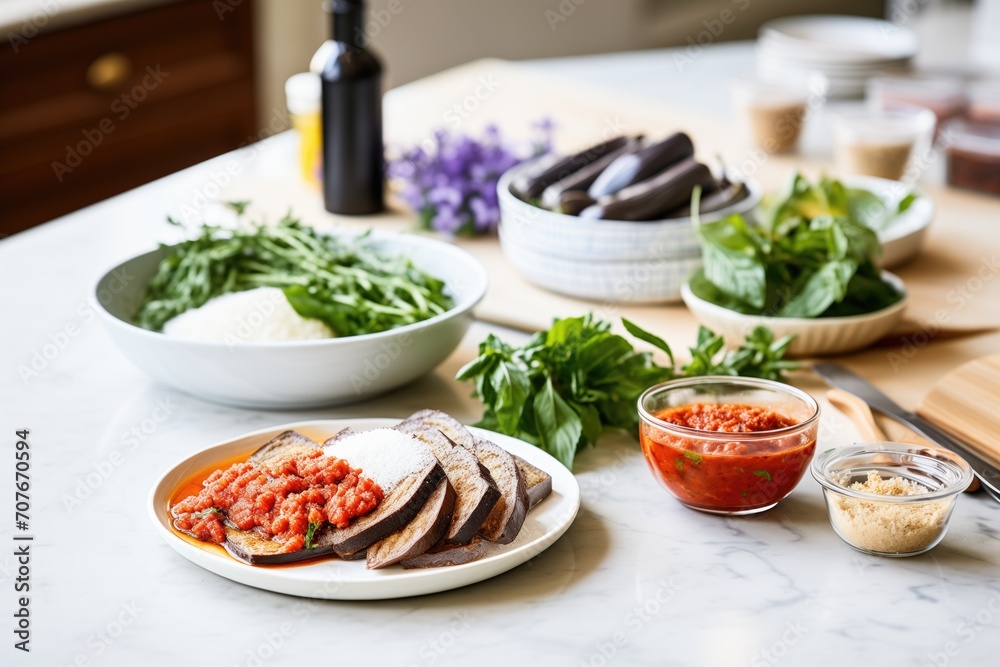 ingredients for eggplant parmesan artfully arranged on a table