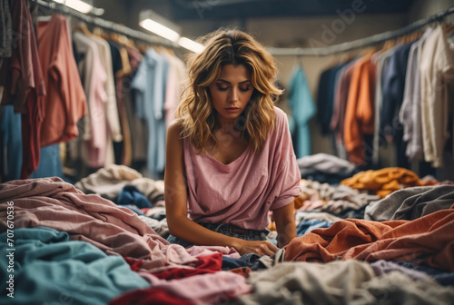 Young tired and sad female with laundry. AI generated photo