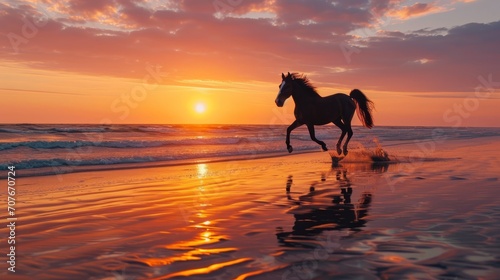 Horse Running on Beach at Sunset
