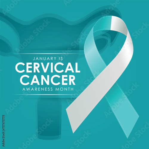 January is cervical cancer awareness month text and teal white ribbon on dark teal with uterus texture background vector design