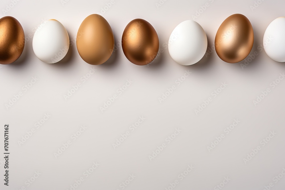 Frame with white and golden easter eggs on light background. Happy Easter concept. Simple spring template, greeting card, banner. Top view, flat lay with copy space Frame with white and golden easter eggs on light background. Happy Easter concept. Simple spring template, greeting card, banner. Top view, flat lay with copy space