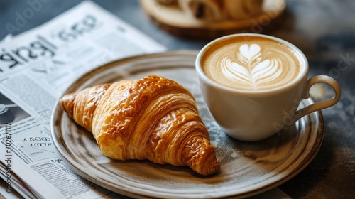 Croissant and Coffee on Table with Newspaper