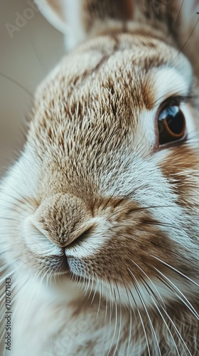 Closeup funny fluffy rabbit mouth, whiskers and nose. Young little bunny. Happy Easter concept. Cute pet for background, poster, print, design card, banner, flyer