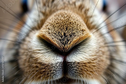 Closeup funny fluffy rabbit mouth, whiskers and nose. Young little bunny. Happy Easter concept. Cute pet for background, poster, print, design card, banner, flyer photo